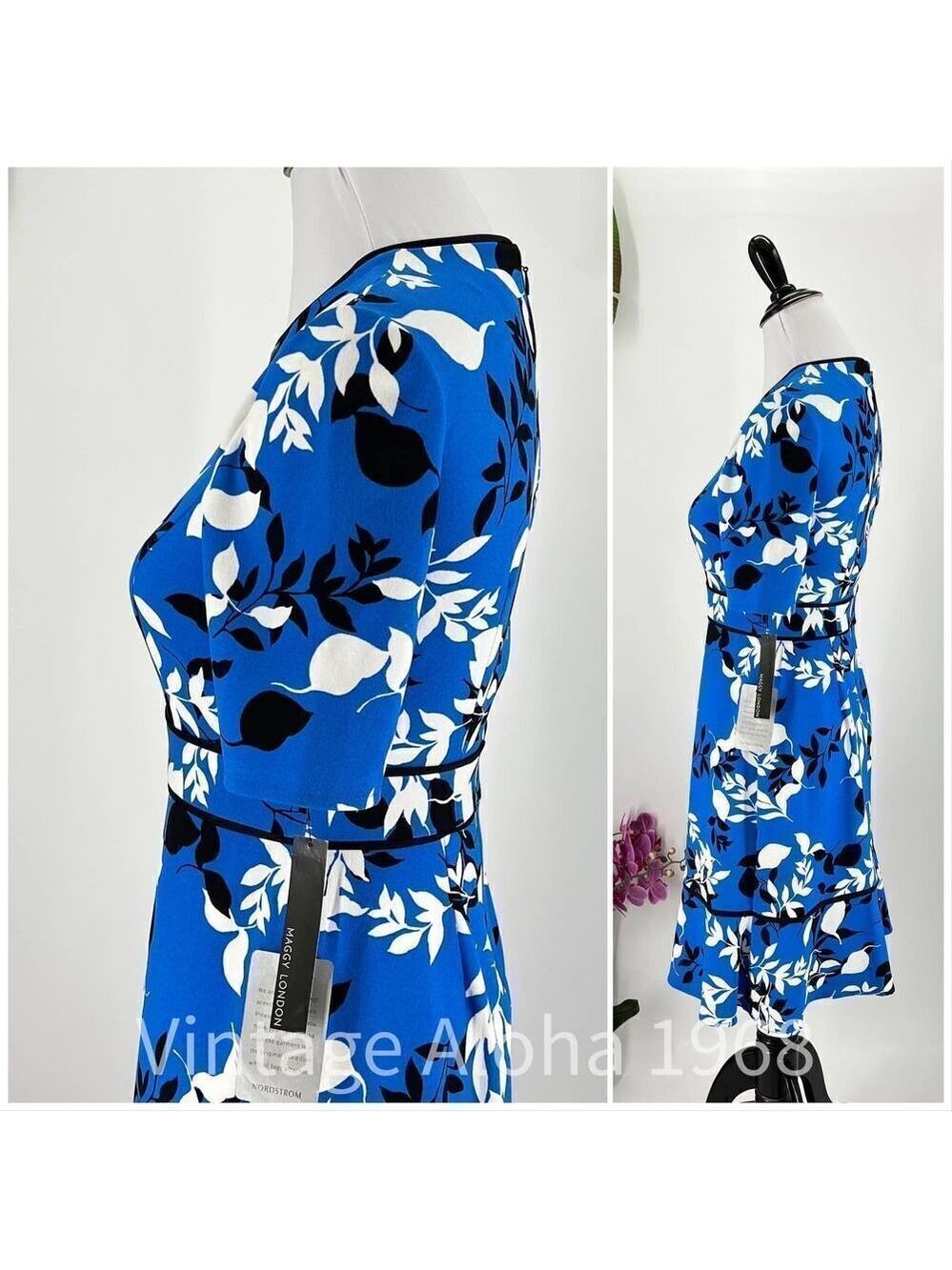 Maggie London Blue White Black  Round Neck Back Zip Midi. size 6